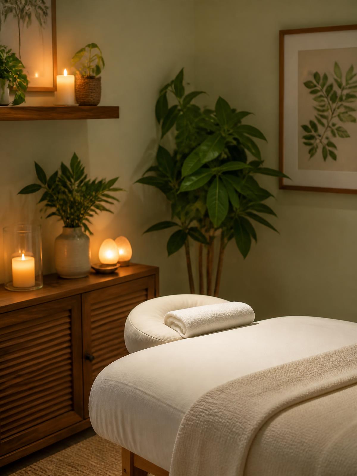 Peaceful massage room with soft candlelight and green plants